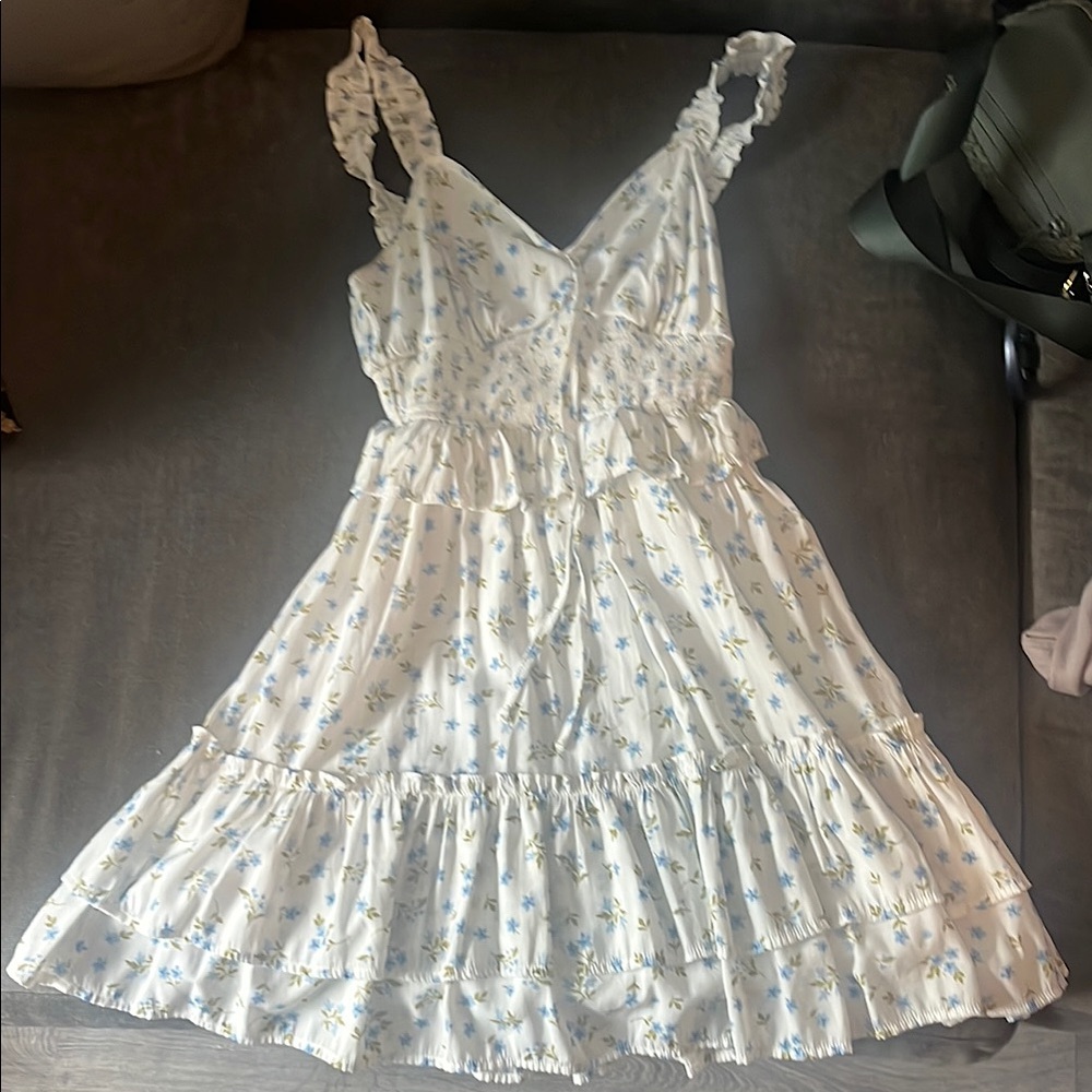Altar'd State White Dress with Blue Floral Pattern